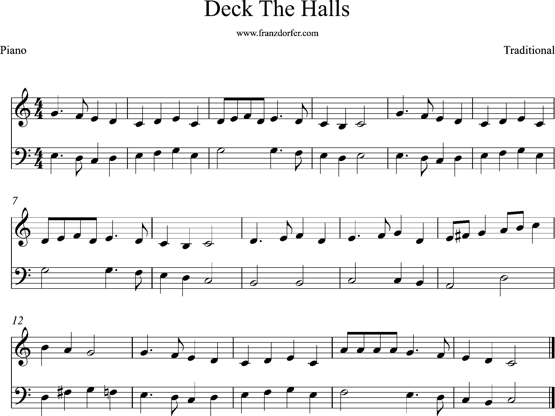 piano sheetmusic, C-Major, Deck the Halls